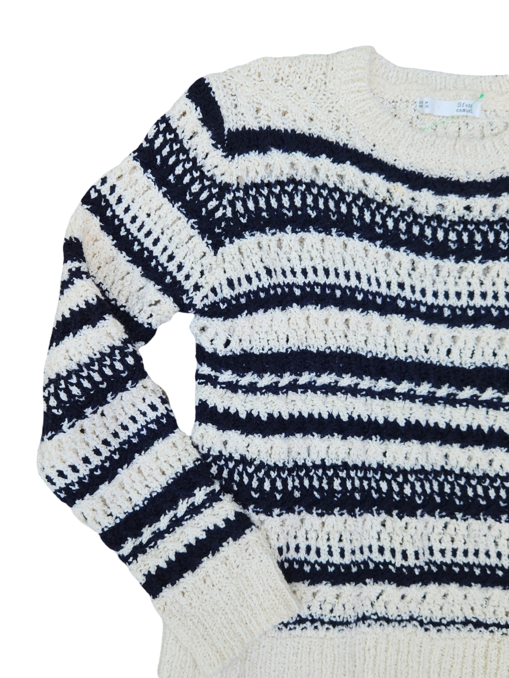 SFERA Cream and Navy Striped Open-Knit Crewneck Sweater